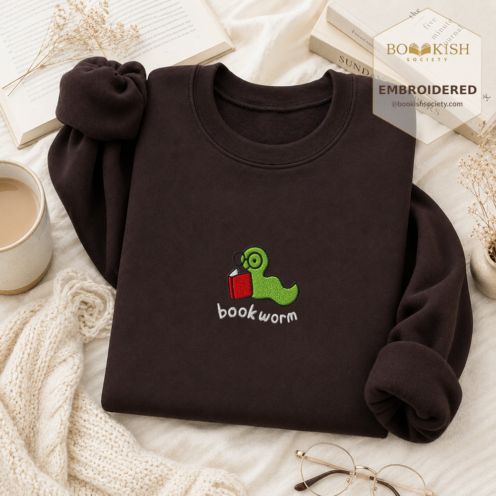 Bookworm Embroidered Sweatshirt | Reader Gift Dark Chocolate