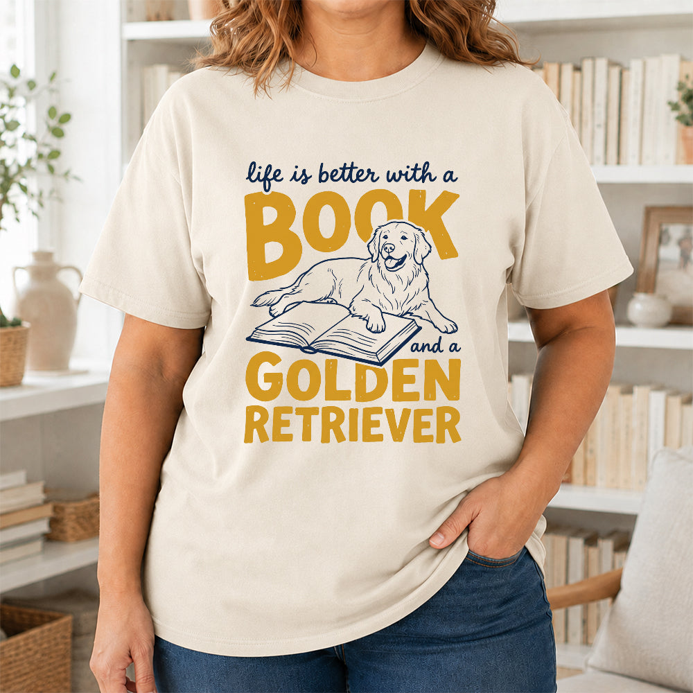 Life Is Better With A Book And A Golden Retriever Softstyle T-Shirt | Book Lover Gift Natural