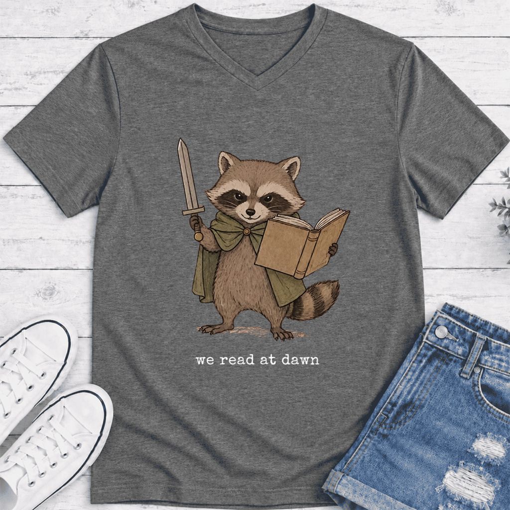 We Read At Dawn Funny Racoon Ultra-Soft V-Neck | Cozy Book Lover Gift Deep Heather