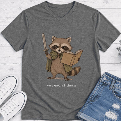 We Read At Dawn Funny Racoon Ultra-Soft V-Neck | Cozy Book Lover Gift Deep Heather
