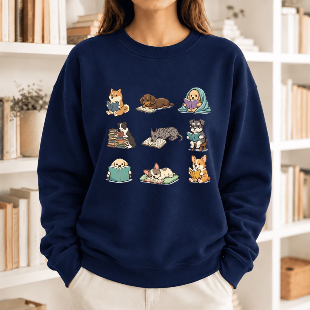 Funny Reading Dogs Embroidered Sweatshirt | Dog Mom Reader Gift Navy