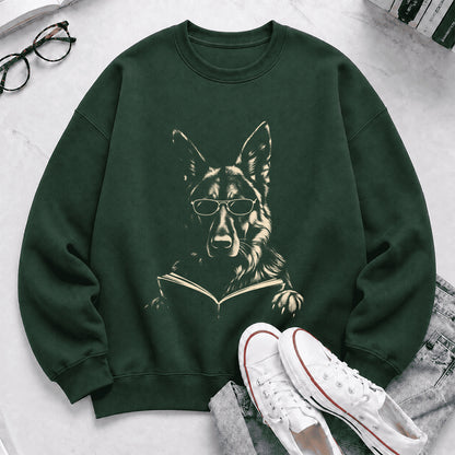 German Shepherd Reading Book Crewneck Sweatshirt | Reader Gift Forest Green