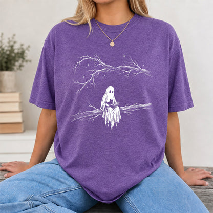 Reading Ghost With Black Cat Printed T-Shirt | Halloween Cat Lover Reader Gift Heather Purple