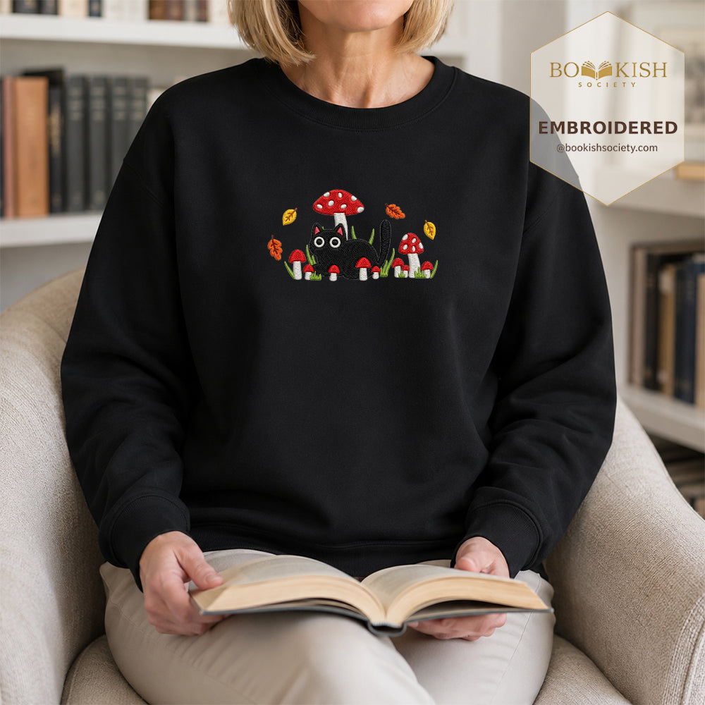 Mushroom Cat Embroidered Sweatshirt | Reader Gift Black