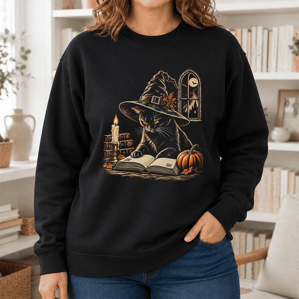 Reading Black Cat Witch Printed Sweatshirt | Halloween Book Lover Gift Black