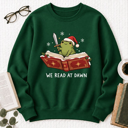 We Read At Dawn Frog Softstyle Sweatshirt | Christmas Book Lover Gift Forest Green