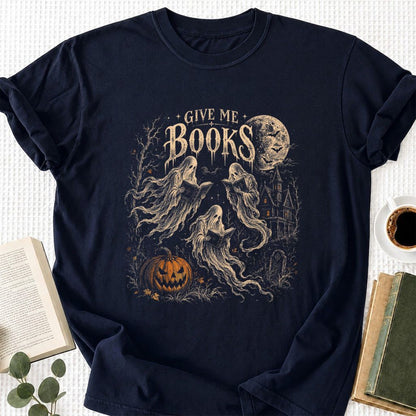 Give Me Books Printed T-Shirt | Halloween Book Lover Gift Navy
