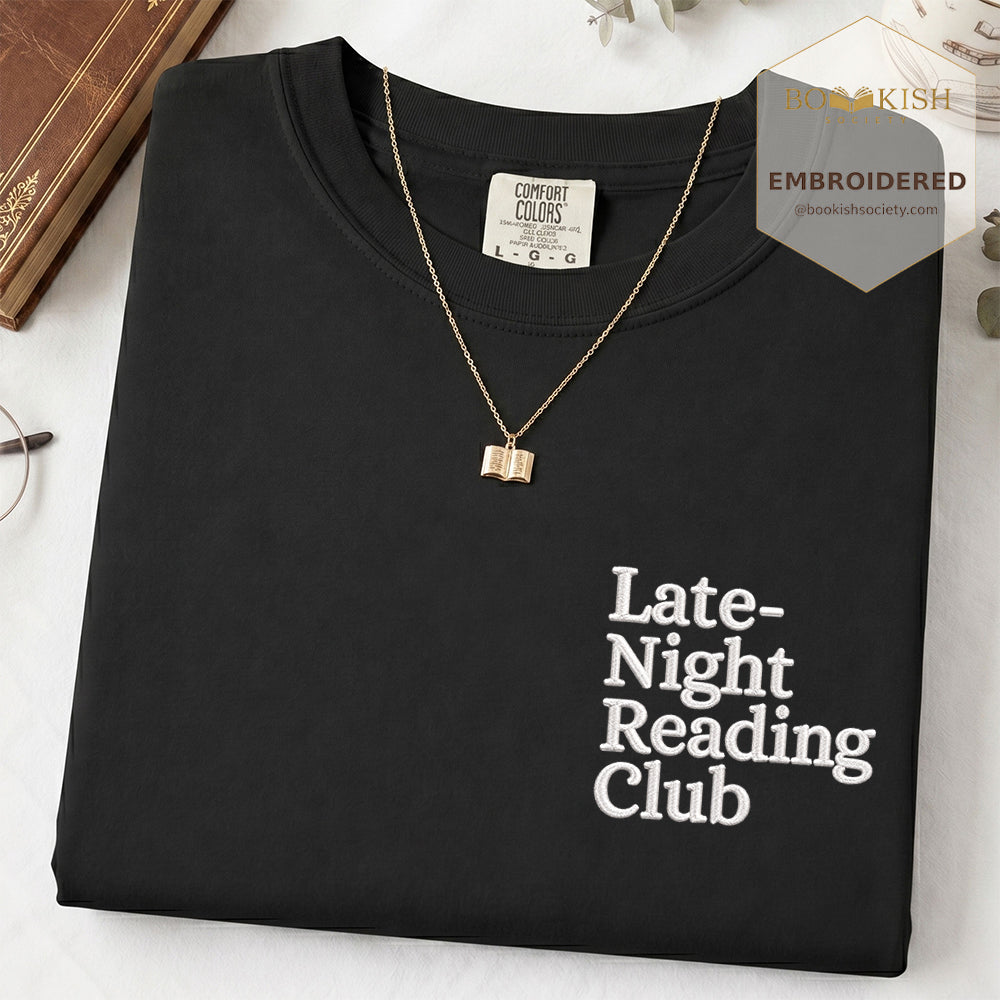 Late Night Reading Club Embroidered Comfort Color® T-shirt | Book Lover Gift Black
