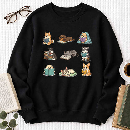 Funny Dogs Reading Crewneck Sweatshirt | Reader Gift Black