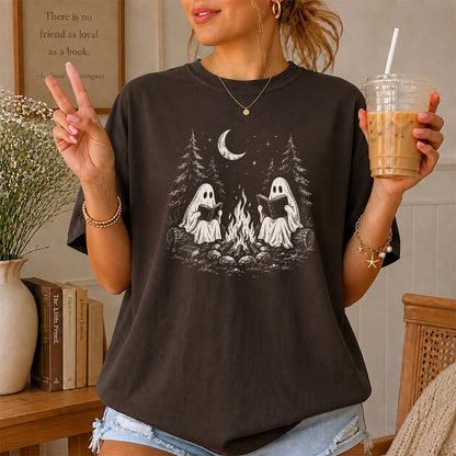 Camping Reading Ghosts Printed T-Shirt | Spooky Book Lover Gift Dark Chocolate