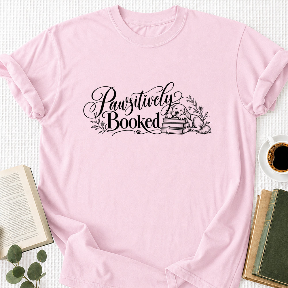 Pawsitively Booked Cotton T-Shirt | Dog Lover & Reader Gift Light Pink