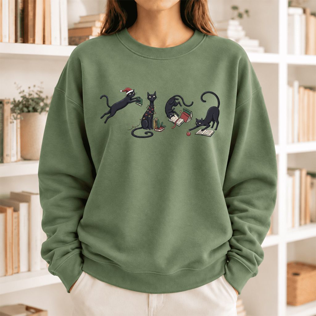 Christmas Reading Cats Softstyle Sweatshirt | Christmas Book Lover Gift Military Green