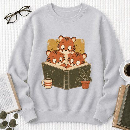 Minimal Japanese Tigers Reading Crewneck Sweatshirt | Reader Gift Sport Grey