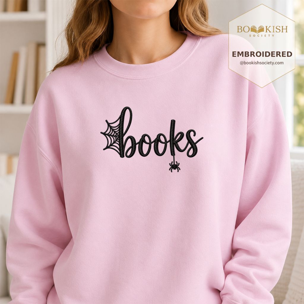 Halloween Books Embroidered Sweatshirt | Spooky Book Lover Gift Light Pink