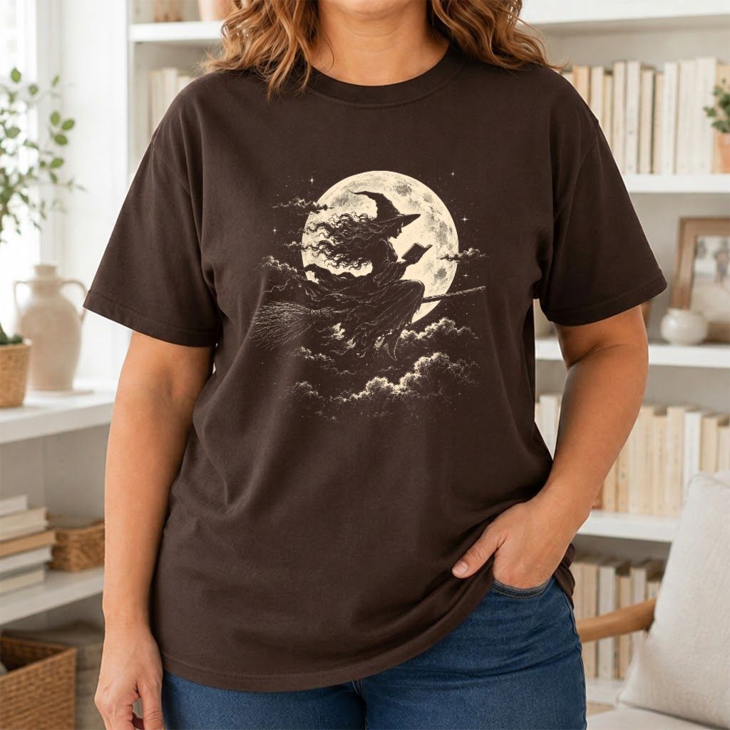 Reading Witch On The Flying Broom Printed T-Shirt | Halloween Book Lover Gift Dark Chocolate