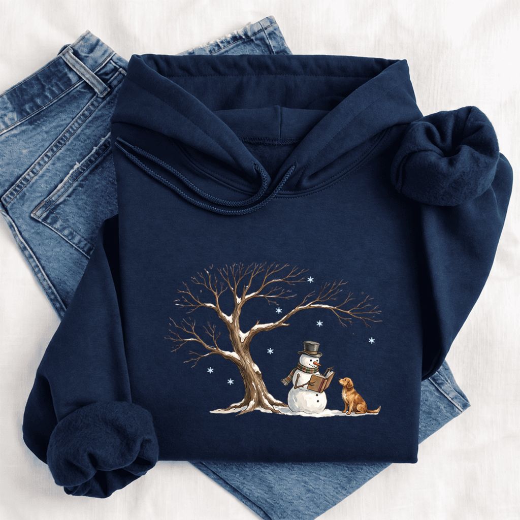 Golden Retriever And Snowman Under Tree Softstyle Hoodie | Christmas Reader Gift Navy