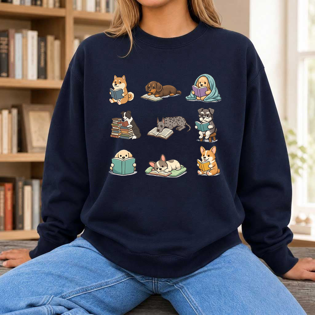 Funny Dogs Reading Crewneck Sweatshirt | Reader Gift Navy