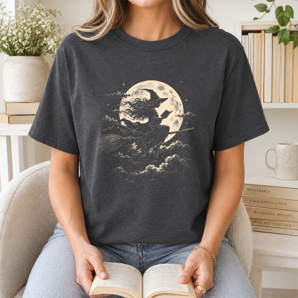 Reading Witch On The Flying Broom Printed T-Shirt | Halloween Book Lover Gift Dark Heather