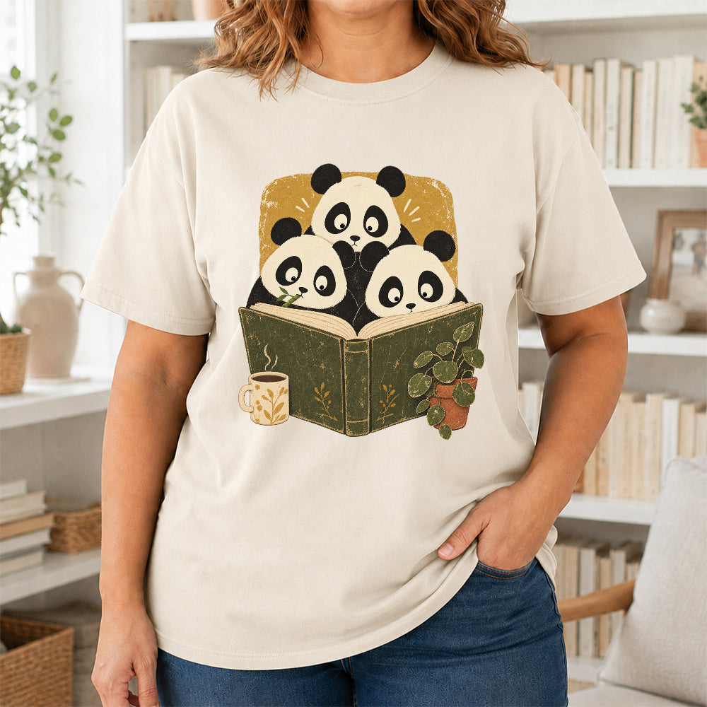 Minimal Japanese Pandas Reading Softstyle T-Shirt | Book Lover Gift Natural