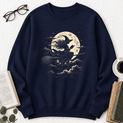 Reading Witch On The Flying Broom Printed Sweatshirt | Halloween Reader Gift Navy