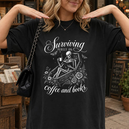 Surviving Purely On Coffee And Books Printed T-Shirt | Halloween Book Lover Gift Black