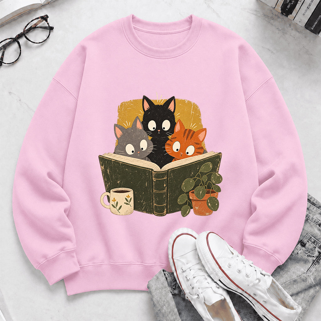 Minimal Japanese Cats Reading Crewneck Sweatshirt | Reader Gift Light Pink