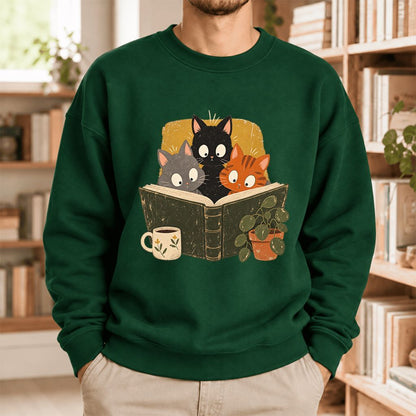 Curious Reading Cats Softstyle Sweatshirt | Cozy Book Lover Gift Forest Green