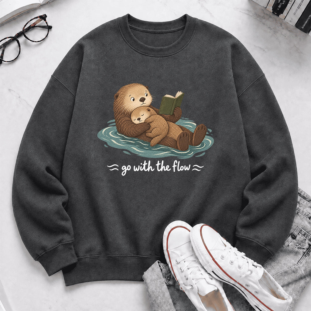 Go With The Flow Otter Reading Crewneck Sweatshirt | Reader Gift Dark Heather