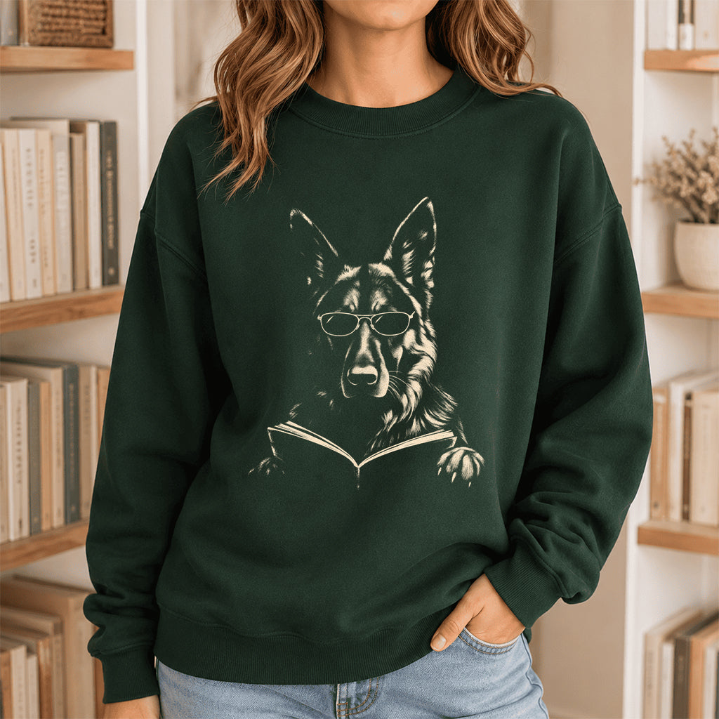 German Shepherd Reading Book Crewneck Sweatshirt | Reader Gift Forest Green