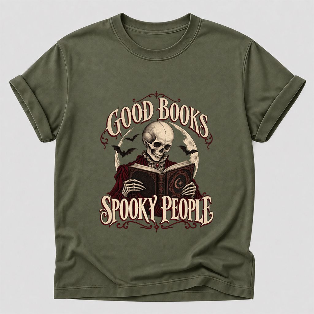 Good Books Spooky People Printed T-Shirt | Halloween Book Lover Gift Military Green