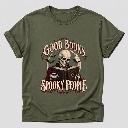 Good Books Spooky People Printed T-Shirt | Halloween Book Lover Gift Military Green