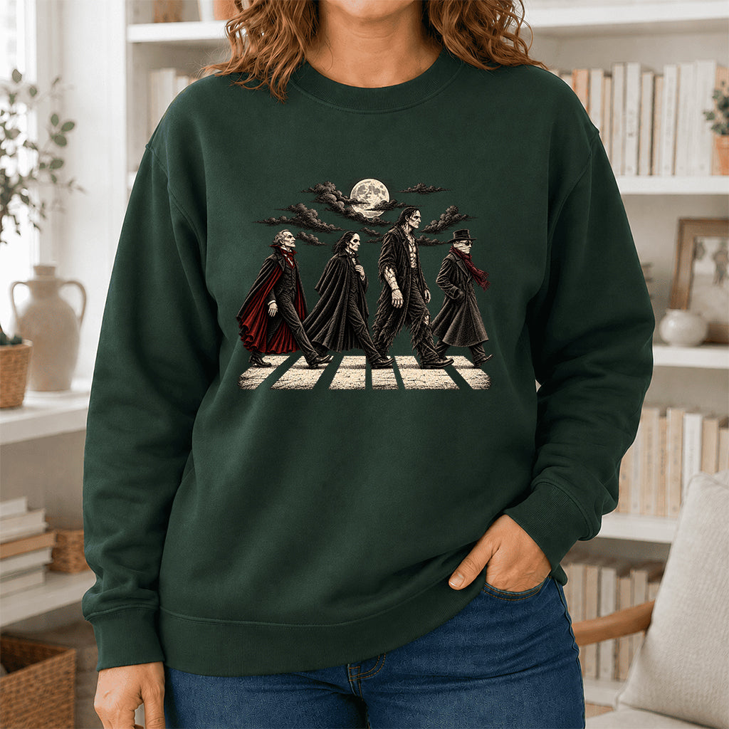 Monsters Road Printed Sweatshirt | Halloween Book Lover Gift Forest Green