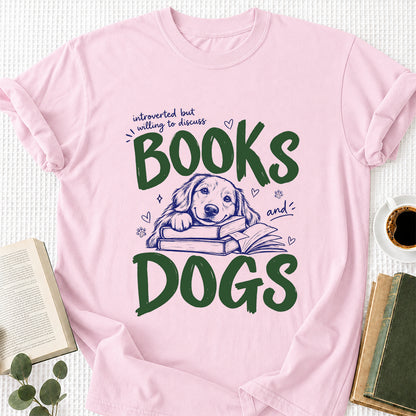 Introverted But Willing To Discuss Books And Dogs Cotton T-Shirt | Dogs Lover & Reader Gift Light Pink