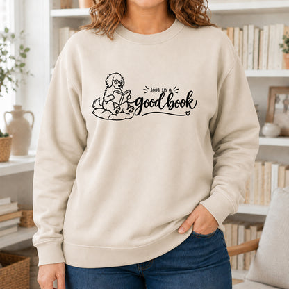 Lost In A Good Book Crewneck Sweatshirt | Dog Lover & Reader Gift Sand