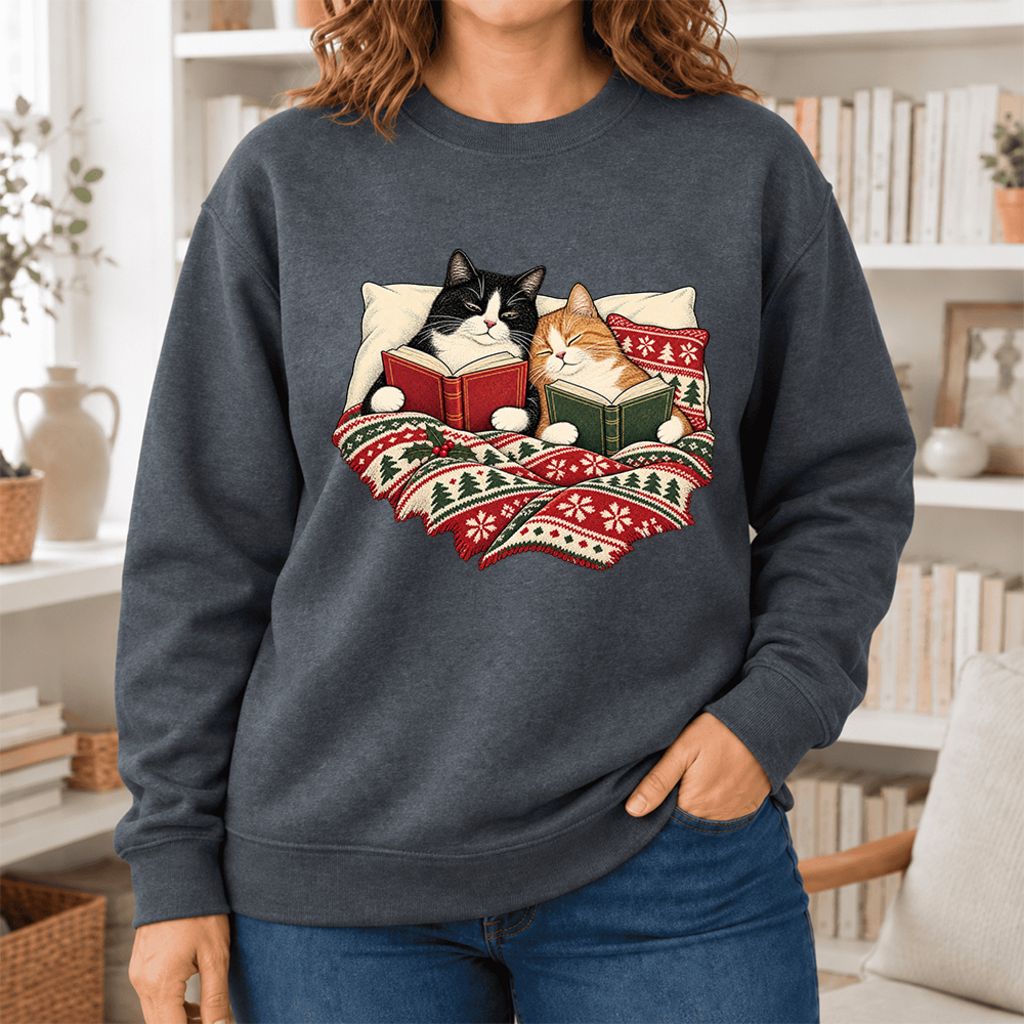 Christmas Reading Cat Couple Softstyle Sweatshirt | Cozy Christmas Gift Dark Heather