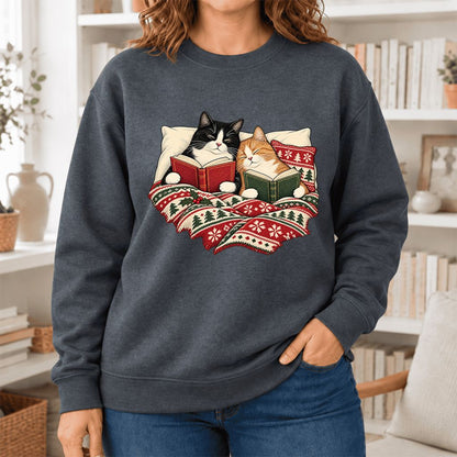 Christmas Reading Cat Couple Softstyle Sweatshirt | Cozy Christmas Gift Dark Heather