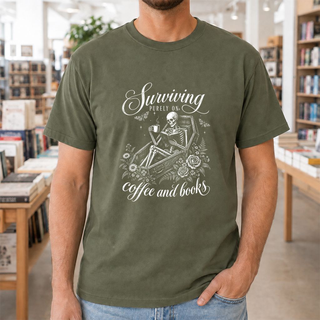 Surviving Purely On Coffee And Books Printed T-Shirt | Halloween Book Lover Gift Military Green