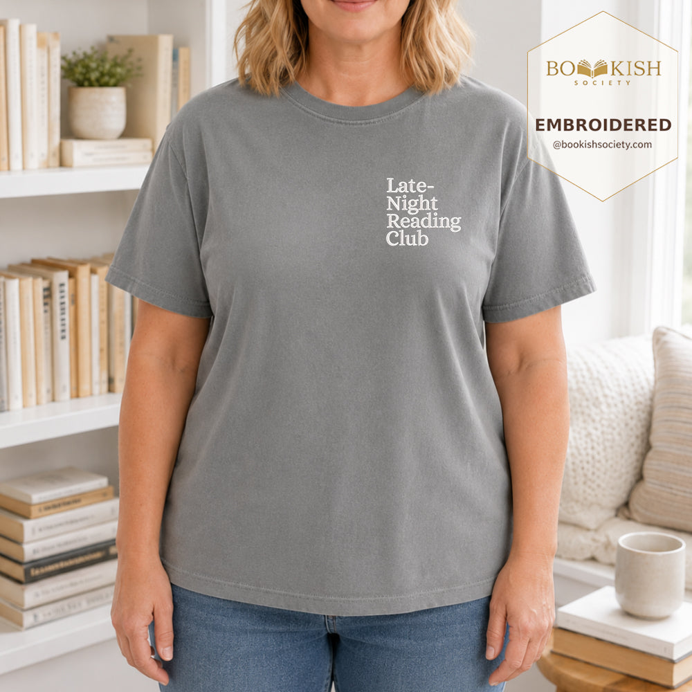 Late Night Reading Club Embroidered Comfort Color® T-shirt | Book Lover Gift Granite