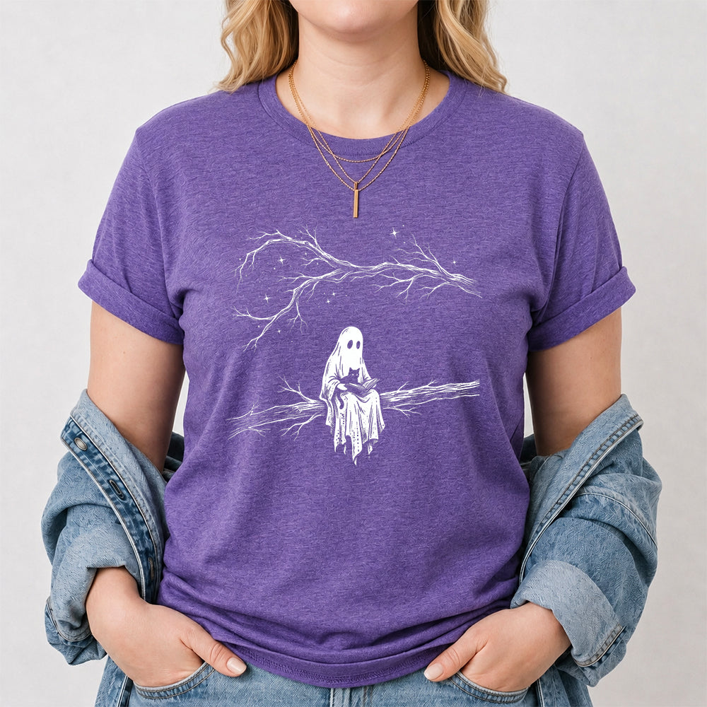 Reading Ghost With Black Cat Printed T-Shirt | Halloween Cat Lover Reader Gift Heather Purple