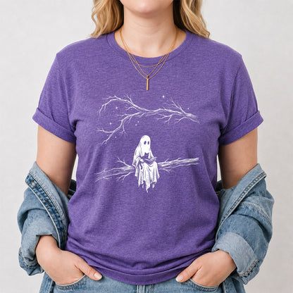 Reading Ghost With Black Cat Printed T-Shirt | Halloween Cat Lover Reader Gift Heather Purple