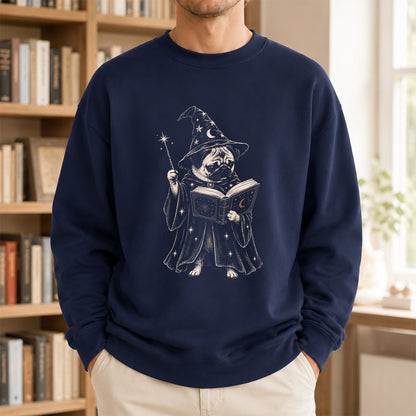 Cute Pug Witch Reading Book Printed Sweatshirt | Halloween Book Lover Gift Navy