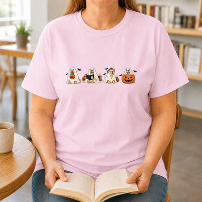 Spooky Golden Retrievers Book Club Printed T-Shirt | Halloween Book Lover Gift Light Pink