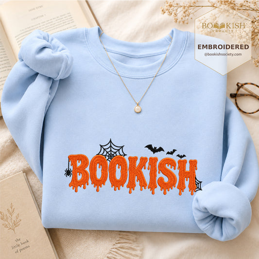 Halloween Bookish Embroidered Sweatshirt | Halloween Book Lover Gift Light Blue