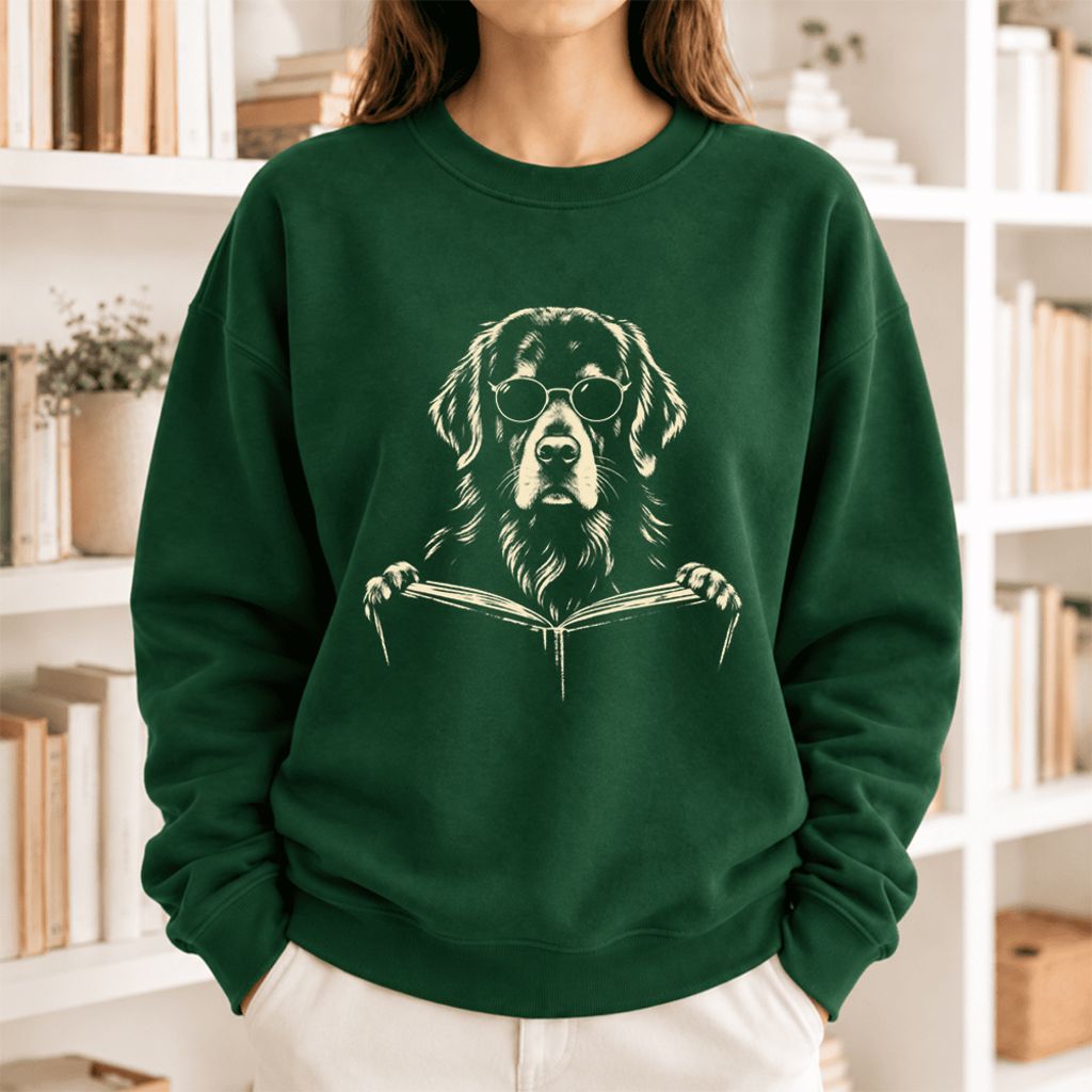 Golden Retriever Reading Book Softstyle Sweatshirt | Golden Retriever Gift Forest Green