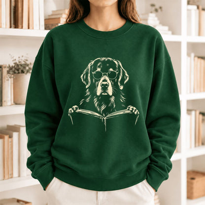 Golden Retriever Reading Book Softstyle Sweatshirt | Golden Retriever Gift Forest Green