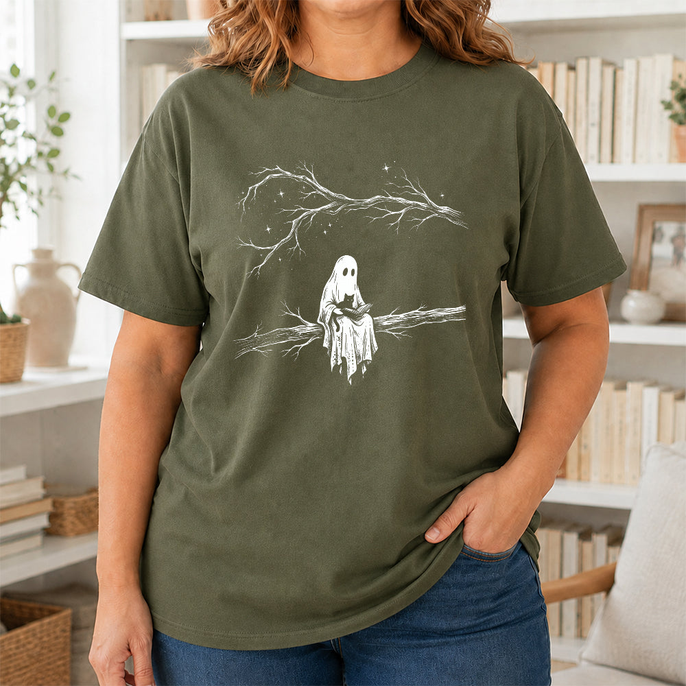 Reading Ghost With Black Cat Printed T-Shirt | Halloween Cat Lover Reader Gift Military Green