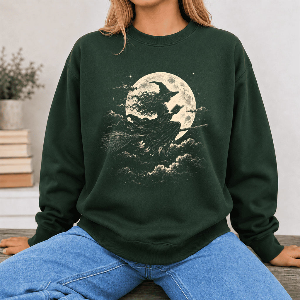 Reading Witch On The Flying Broom Printed Sweatshirt | Halloween Reader Gift Forest Green