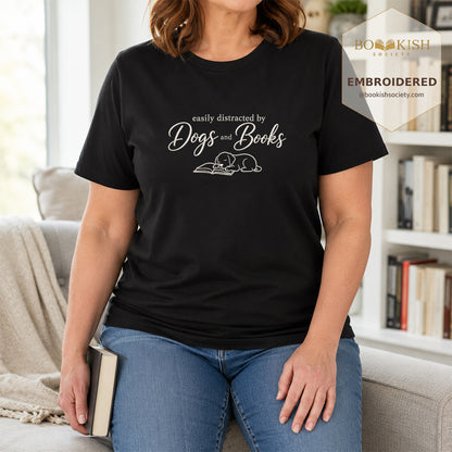 Easily Distracted By Dogs And Books Embroidered Comfort Color® T-shirt | Book Lover Gift Black