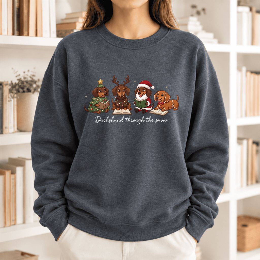 Dachshund Through The Snow Softstyle Sweatshirt | Christmas Book Lover Gift Dark Heather