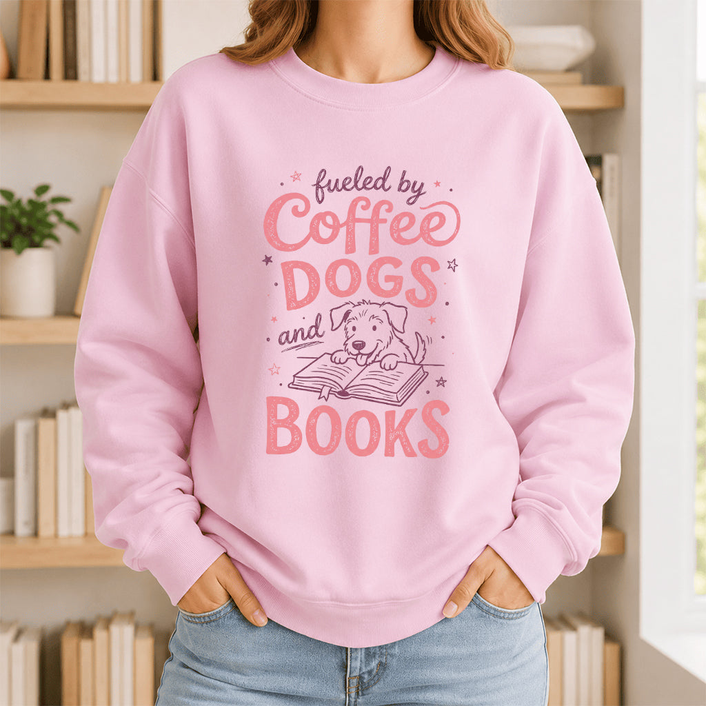 Fueled By Coffee, Dogs and Books Crewneck Sweatshirt | Coffee & Dog Lover, Reader Gift Light Pink